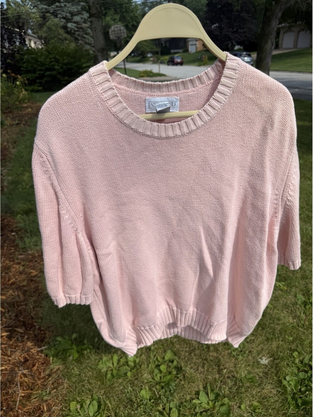 Women’s Vintage Lands End Pink Short Sleeve Knit Drifter Sweater Top Size XL